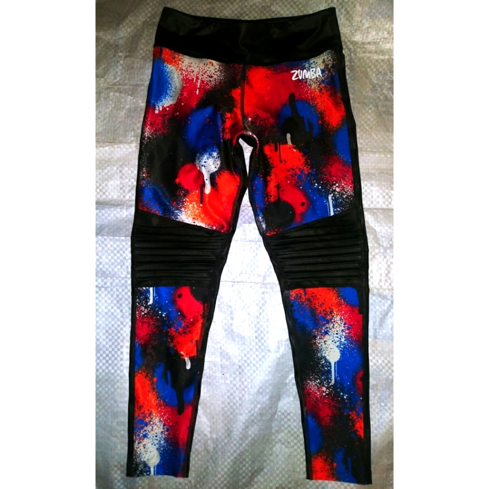 Zumba Moto Leggings sz Small Spicy Red White Blue Orange Must Move Faux Leather